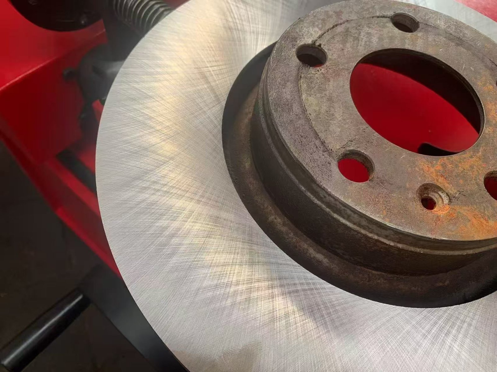 A machined rotor face on the lathe