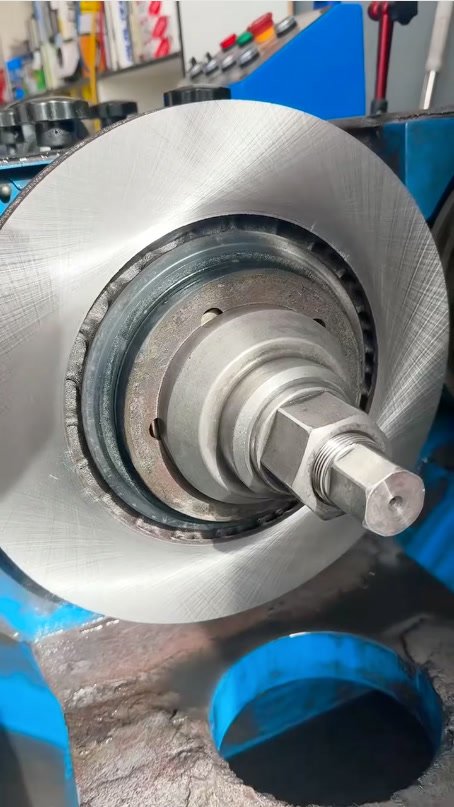 A freshly machined rotor with its crosshatch finish